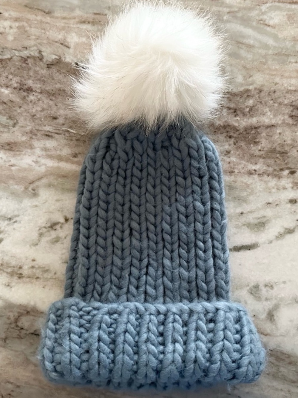 Blue & White Chunky Cable Knit Beanie With Faux Fur Pom - Winter /Ski /Snowboard